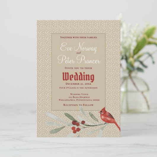 Faire-part Mariage simple d'hiver avec cardinal et verts (Debout devant)