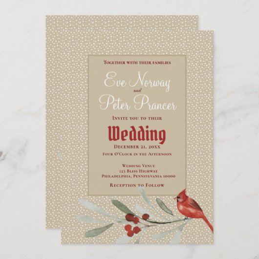 Faire-part Mariage simple d'hiver avec cardinal et verts (Devant / Derrière)