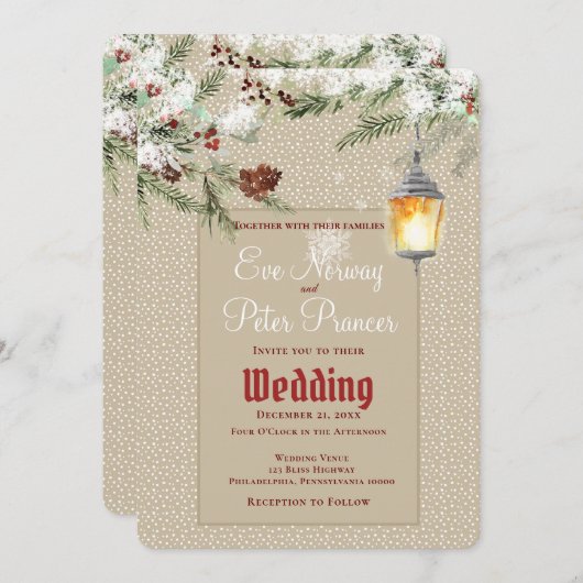 Faire-part Mariage simple d'hiver avec lanterne et verdure (Devant / Derrière)