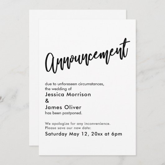 Faire-part Mariage simple différé noir blanc (Devant / Derrière)