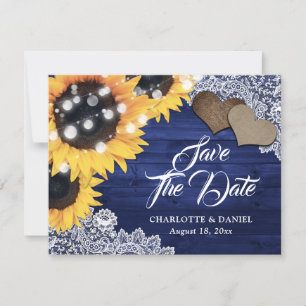 Faire-part Mariage Tournesol Bleu Marine Bois Burlap Dentelle