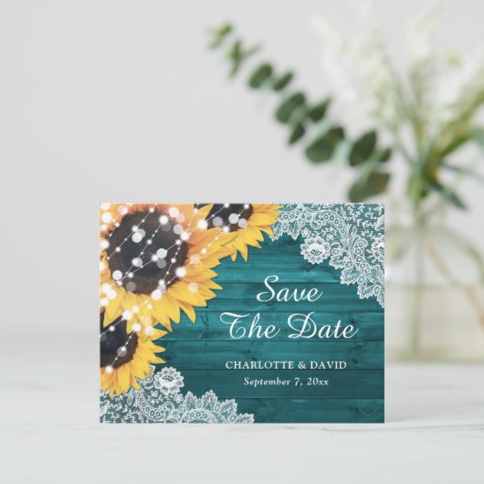 Faire-part Mariage Turquoise Sunflower Eucalyptus (Debout devant)