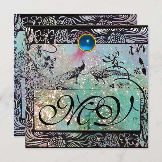 Faire-part MARIAGES INSÉPARABLES MONOGRAM Black Blue Peacocks (Devant / Derrière)