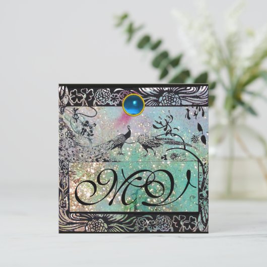Faire-part MARIAGES INSÉPARABLES MONOGRAM Black Blue Peacocks (Debout devant)