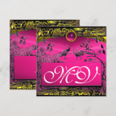 Faire-part MARIÉS OISEAUX DE L'AMOUR MONOGRAMME noir jaune ro (Devant / Derrière)