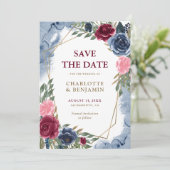 Faire-part Marine Bleu Bourgogne Or Mariage floral géométriqu (Debout devant)