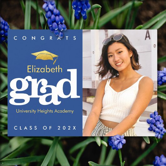 Faire-part Marine bleu diplôme photo or casquette moderne aud