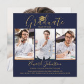 Faire-part Marine Bleu Gold Script Diplômé 4 Photo Graduation (Devant / Derrière)