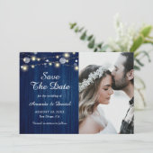 Faire-part Marine Bleu Rustique Bois Lumières Mariage Enregis (Debout devant)