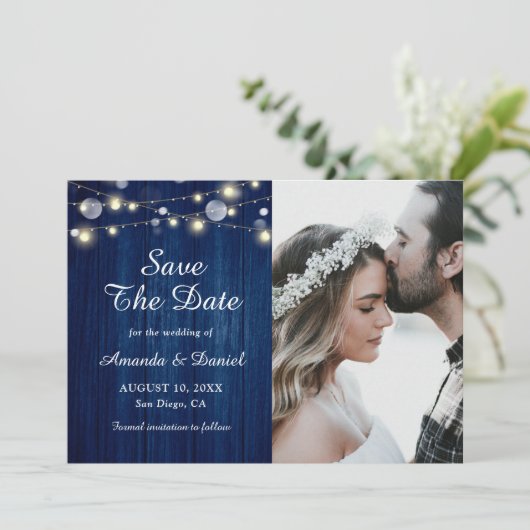 Faire-part Marine Bleu Rustique Bois Lumières Mariage Enregis (Debout devant)