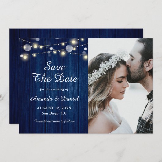 Faire-part Marine Bleu Rustique Bois Lumières Mariage Enregis (Devant / Derrière)