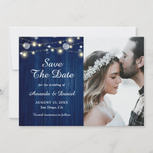 Faire-part Marine Bleu Rustique Bois Lumières Mariage Enregis