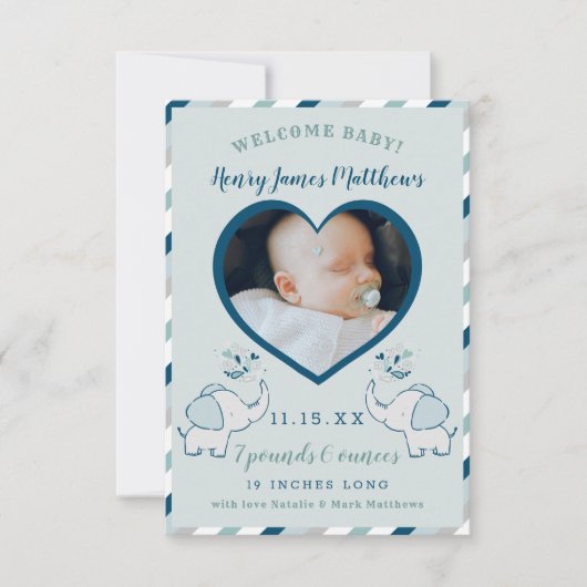 Faire-part Marine Blue & Mint Elephant Baby Boy Photo Birth (Devant)