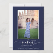 Faire-part Marine Blue Modern Elegant Script Graduation Photo (Devant)