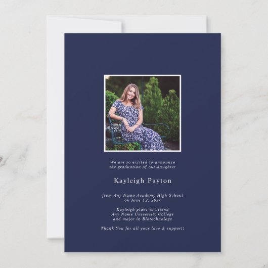 Faire-part Marine Blue Modern Elegant Script Graduation Photo (Dos)