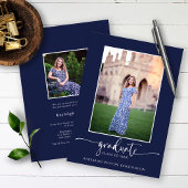 Faire-part Marine Blue Modern Elegant Script Graduation Photo