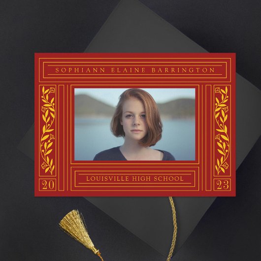 Faire-part Maron rouge et la photo de la graduation en or