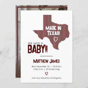 Faire-part Maroon Herringbone Fabriqué au Texas Photo Baby An