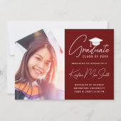 Faire-part Maroon moderne blanc Script photo Graduation (Devant)