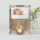 Faire-part Mason Jar Sunflowers Rustic Baby Birth Photo (Debout devant)
