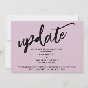 Faire-part Mauve de Report de Mariage Écrit à la M