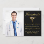 Faire-part Médicale Black Gold Caduceus Photo Graduation (Devant)