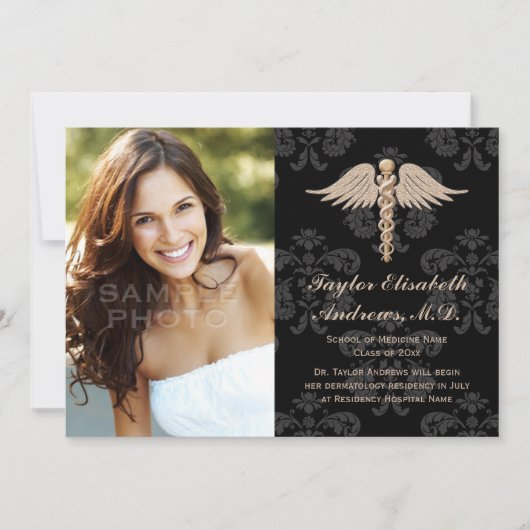 Faire-part Médicale de diplôme d'études Gold Black (Devant)