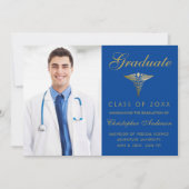 Faire-part Médicale Royal Blue Gold Caduceus Photo Graduation (Devant)