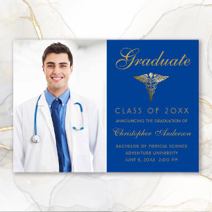 Faire-part Médicale Royal Blue Gold Caduceus Photo Graduation