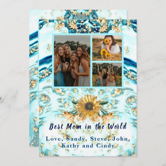 Faire-part Meilleure mère Ever 4 Photo Collage Marbre Bleu (Devant / Derrière)