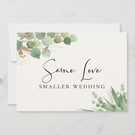 Faire-part Même amour, mariage plus petit, eucalyptus (Devant)