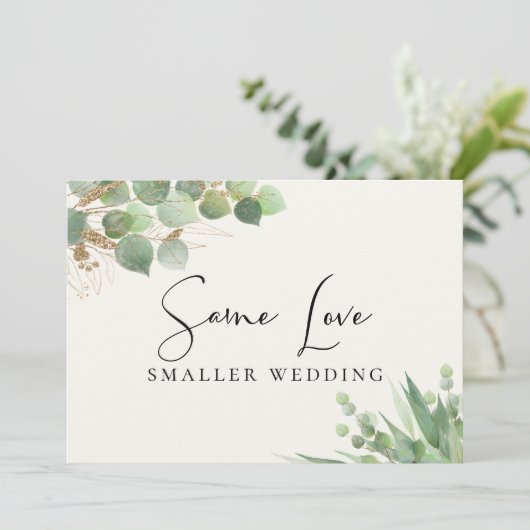 Faire-part Même amour, mariage plus petit, eucalyptus (Debout devant)