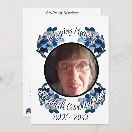 Faire-part Memorial Oubliez-moi pas Blue Floral Photo Program (Devant / Derrière)