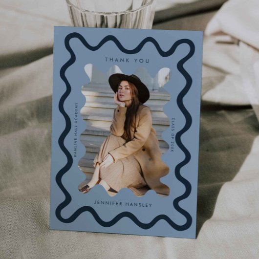 Faire-part Merci de graduation de la marine Blue Squiggly Wav