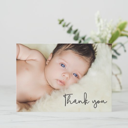 Faire-part Merci photo bébé simple Script de naissance (Debout devant)