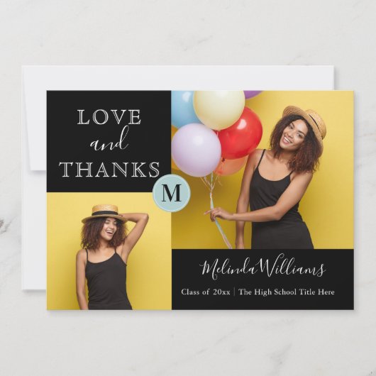 Faire-part Merci photo de la menthe et du monogramme jaune (Devant)