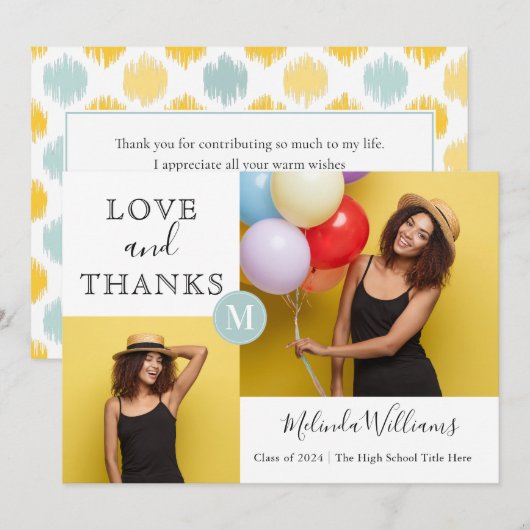 Faire-part Merci photo de la menthe et du monogramme jaune (Devant / Derrière)