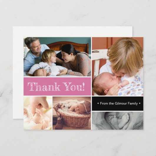 Faire-part Merci rose Deuxième naissance photo collage (Devant / Derrière)