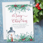 Faire-part Merry Christmas from New Home Watercolor Holly<br><div class="desc">Watercolor Holiday moving announcement card with holly, mistletoe, a traditional candle lantern and winter greenery. Merry Christmas is hand lettered and the design can be edited for a single person of a family. The wording reads "merry christmas from my / our new home [your new address, sign off and name(s)]....</div>