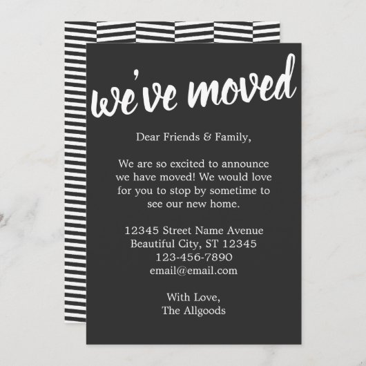 Faire-part Mignonne Nous avons déplacé Motif noir Moving Fair (Devant / Derrière)