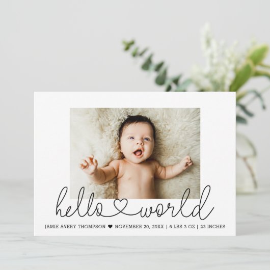 Faire-part Mini photo bébé Hello World Écriture cardiaque mod (Debout devant)