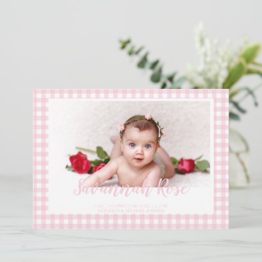 Faire-part Mini rose En vichy chèque photo Motif (Debout devant)