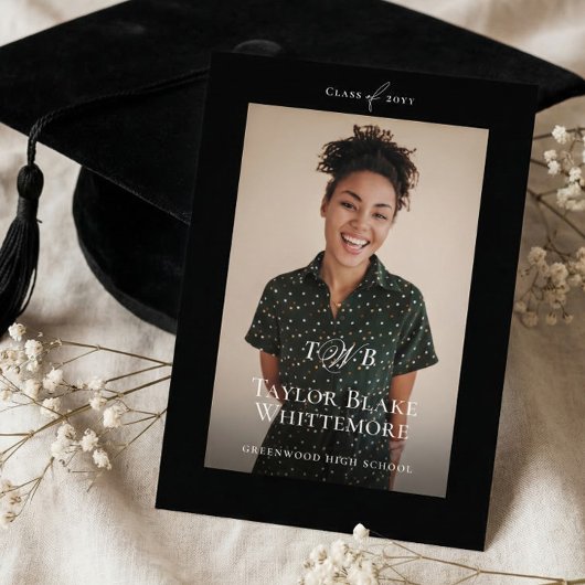 Faire-part Minimal Elegant Monogram Black Graduation Photo