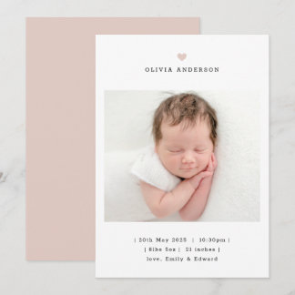 Faire-part Minimalist Pink Heart Girl Birth Announcement