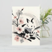Faire-part Minimalist Zen Ink Bunny Cherry Blossoms (Debout devant)
