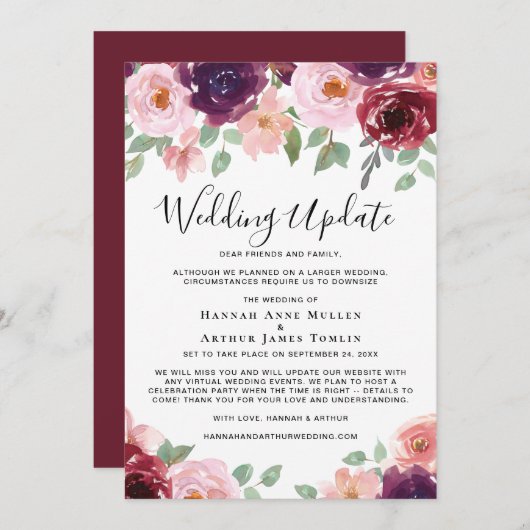 Faire-part Mise à jour pour un mariage plus intime Aquarelle  (Devant / Derrière)