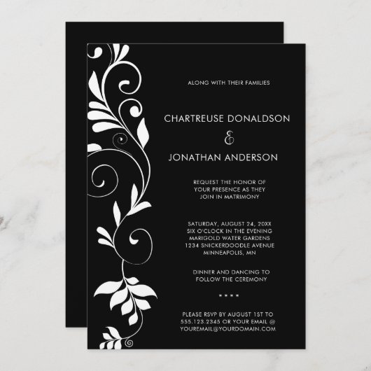 Faire-part Modern Black with White Botanical Vines Wedding | (Devant / Derrière)