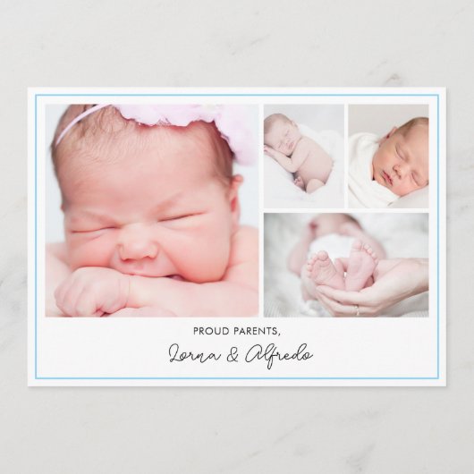 Faire-part Modern Blue Newborn Baby Photo Collage Birth  (Dos)