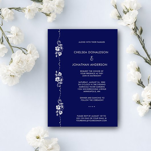 Faire-part Modern Chic Minimal White Floral Navy Blue Wedding