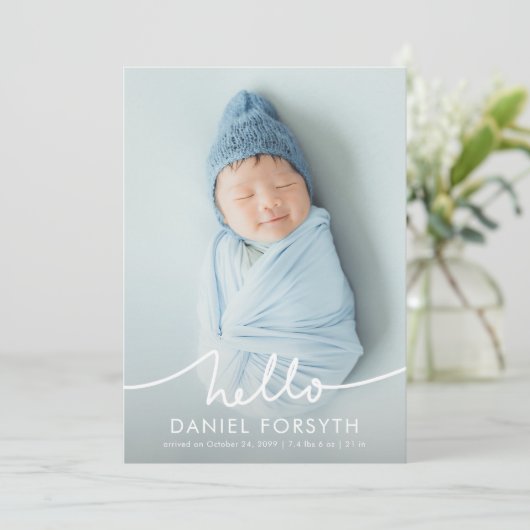Faire-part Modern Hello Script Newborn Baby Photo Birth (Debout devant)